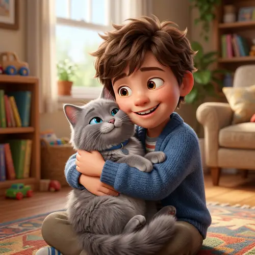 Young Boy Embracing Grey Cat in Pixar-Style 3D Animation
