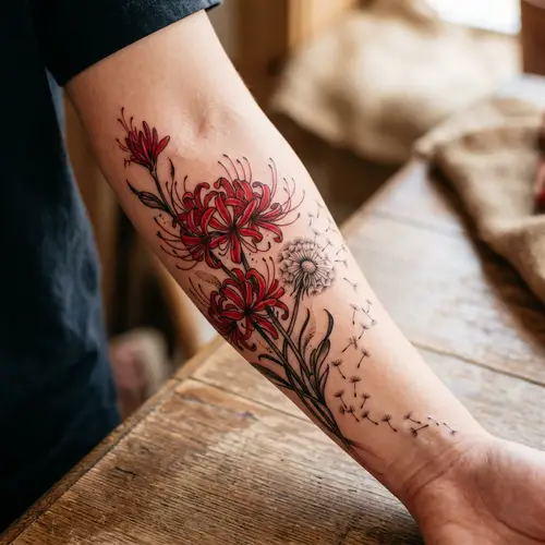 Vivid Higanbana and Dandelion Flower Tattoo Design