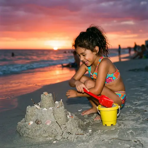 Hispanic Child Building Sandcastle at Sunset Beach