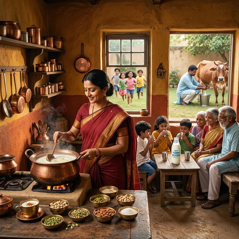 Traditional Indian Kitchen: Colors, Kids Playing, Saffron Milk Recipe