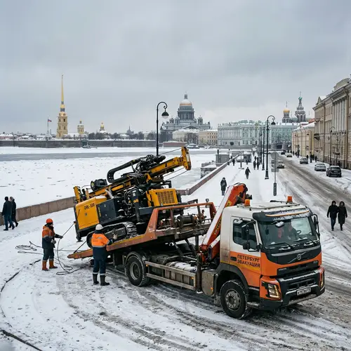 Tow Truck Loading Equipment in St. Petersburg Winter Scene