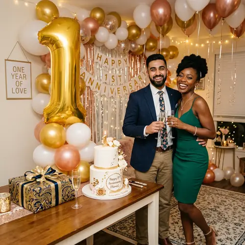 First Anniversary Celebration - Festive Room Decor with Balloons & Cake