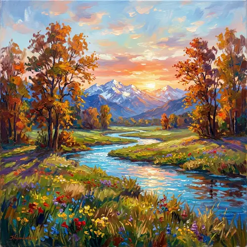 Impressionist Nature Landscape | Azure River & Majestic Mountains