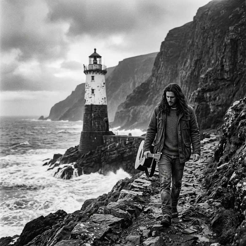 Monochromatic Lighthouse Scene: Ethereal Journey to the Beacon