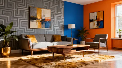 Stylish Custom Living Room Design in Grey, Blue, and Orange