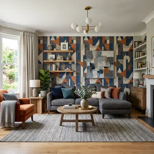 Stylish Custom Living Room Design in Grey, Blue, and Orange