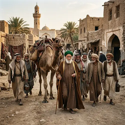 Historic Islamic Scene with Camels and Men