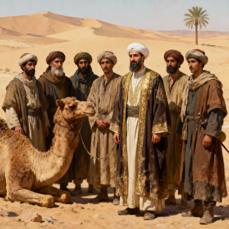 Historic Islamic Scene with Camels and Men
