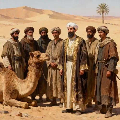 Historic Islamic Scene with Camels and Men