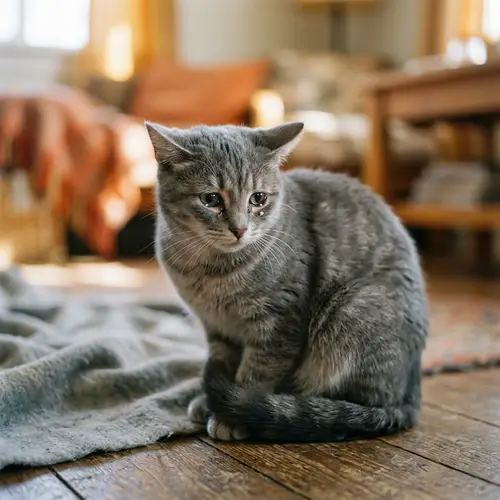 Lonely Grey Cat with Tearful Eyes | Emotional Scene in Warm Colors
