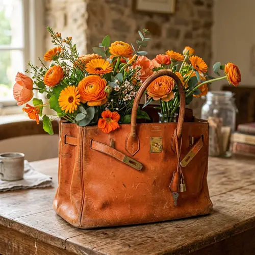 Orange Flowers in a Vintage Birkin Bag - Hyperrealism