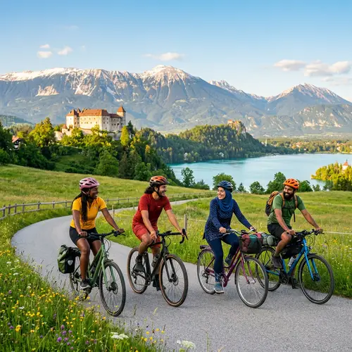 Diverse Group Cycling Through Scenic Landscapes