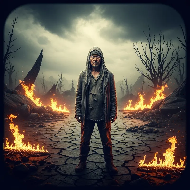Human Standing in Fiery Wasteland