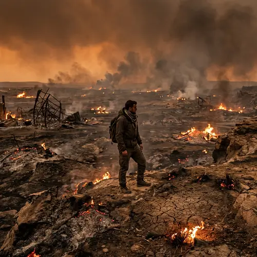 Human Standing in Fiery Wasteland