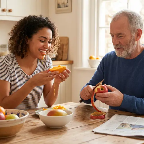 Healthy Eating Scene: Young and Senior Persons Enjoying Fruits