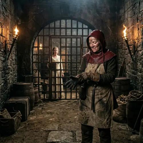 Mystical Castle Scene: Woman in Red Hood and Gloves