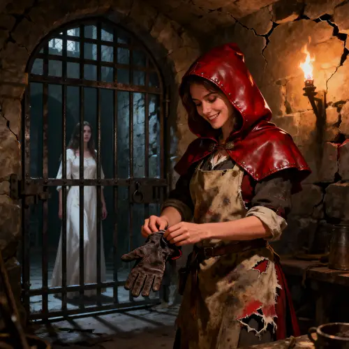 Mystical Castle Scene: Woman in Red Hood and Gloves