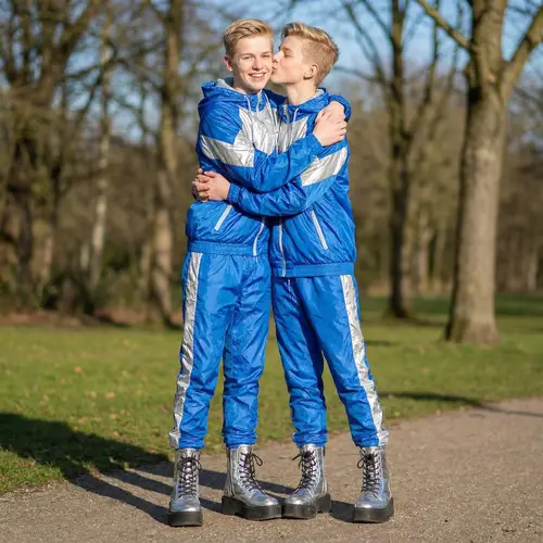 Happy Blonde Boys in Shiny Tracksuits and Platform Boots