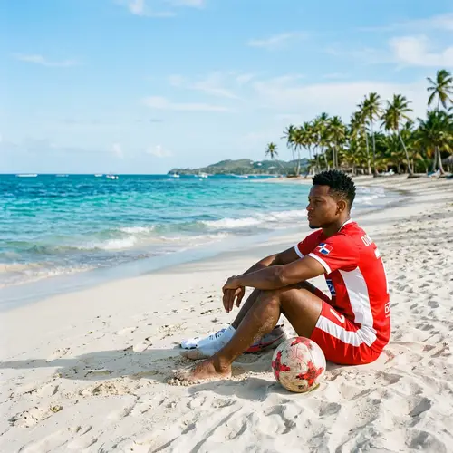 Skilled Male Soccer Player on White Sandy Beach in Dominican Republic