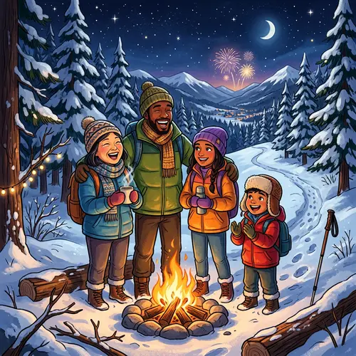 Celebrate New Year: Diverse Family Hiking in Snow - Joyful Scene