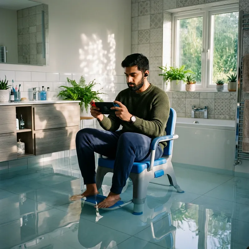 Playing Video Games in Water-Filled Bathroom