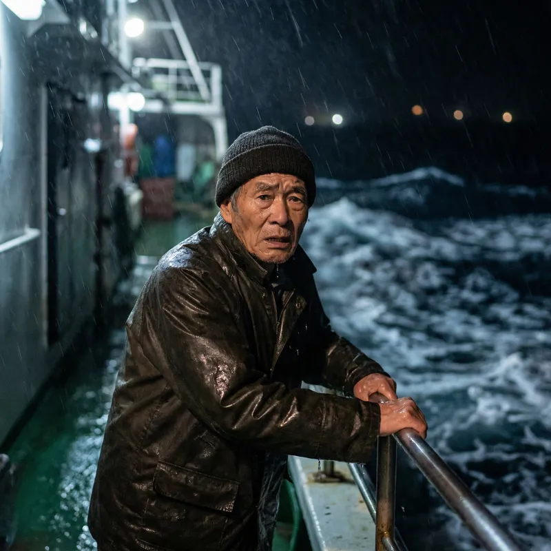 Scared Asian Man on Ship During Rainstorm