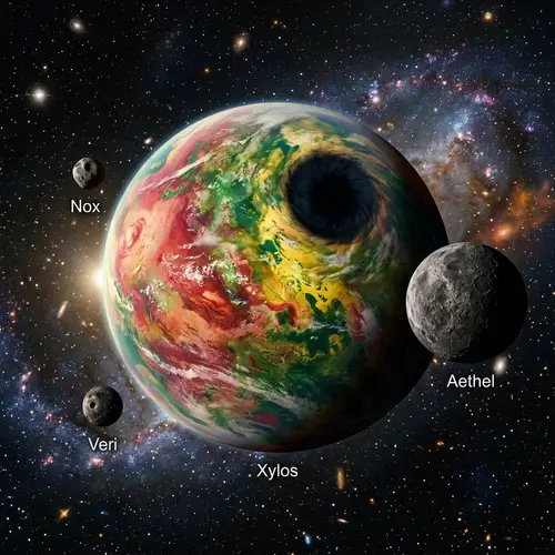 Red, Green, and Yellow Planet with Black Spot Surrounded by Three Moons