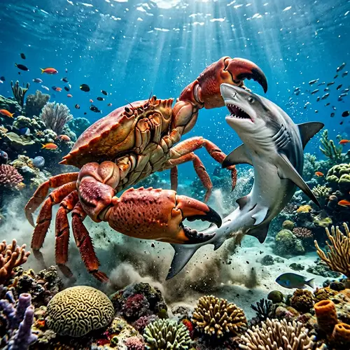 Muscular Crab vs. Slim Shark Battle - Exciting Underwater Fight