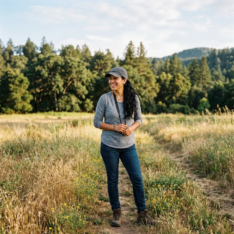 Brunette Woman in Black Baseball Cap with Long Gray Shirt in Field
