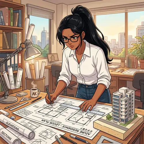 Architect Character in Anime Style | South-Asian Woman with Blueprints