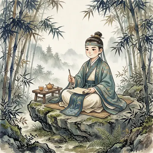 Q-Style Scholar in Hanfu Costume - Tranquil Bamboo Forest Scene