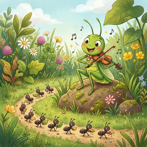 Cheerful Grasshopper Playing Fiddle and Ants Gathering Food | Kids' Storybook Scene