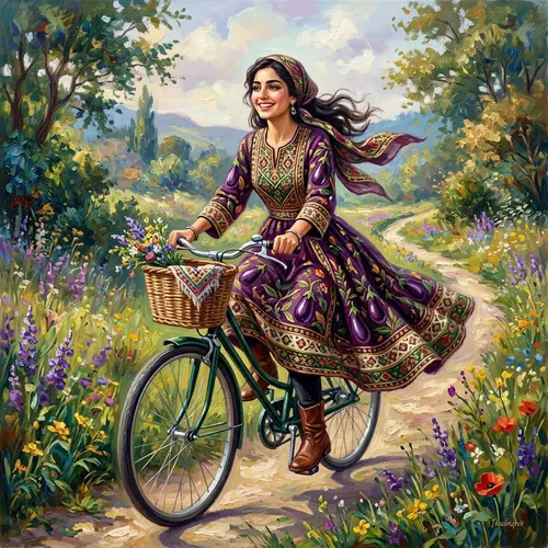 Middle-Eastern Young Lady in Vibrant Eggplant Dress on Bicycle
