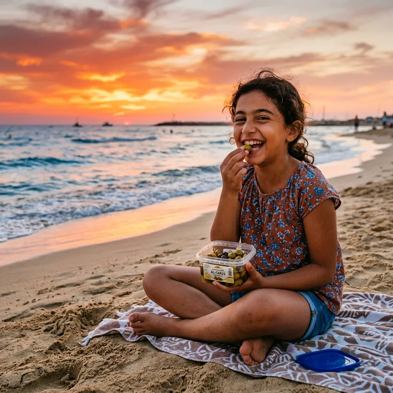 Girl Eating Olives by the Sea