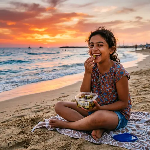 Middle-Eastern Girl Enjoying Olives by the Sea