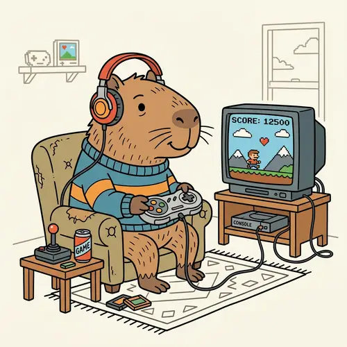 Retro Style Capybara with Game Controller and Headphones