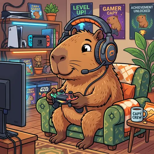 Amusing Capybara Illustration with Game Controller and Headphone