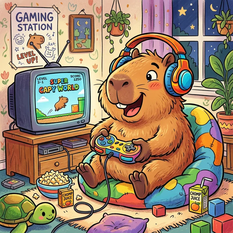 Whimsical Capybara Illustration with Game Controller & Headphones