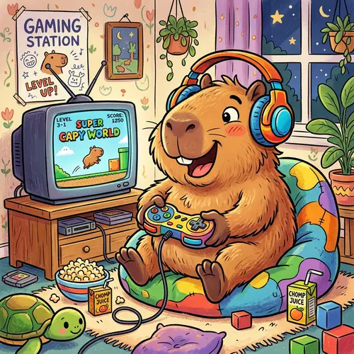 Playful Capybara Illustration with Game Controller & Headphones