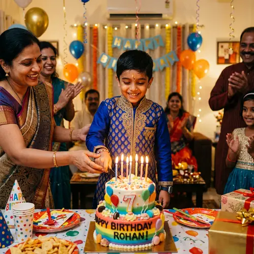 Young Indian Boy Celebrating Birthday in Vibrant Kurta Pajama