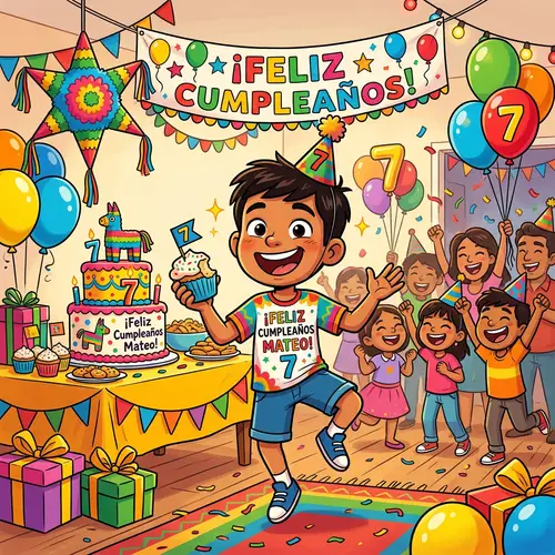 7 Year Old Mexican Boy Birthday Cartoon Style