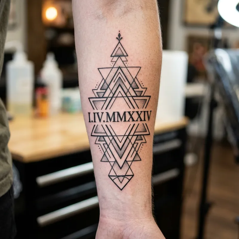 Geometric Tattoo Design with Roman Numerals I.IV.MMXXIV in Triangles