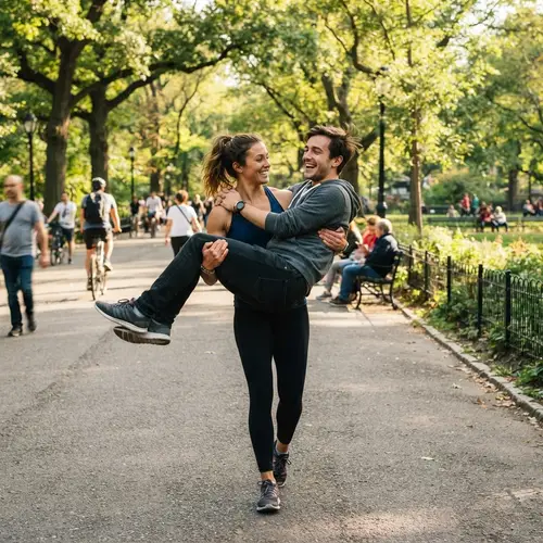 Strong Girl Carrying Guy Through Park