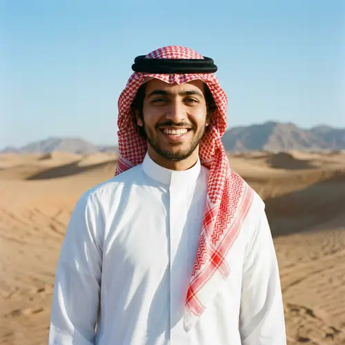 Saudi Arabian Man in Traditional Attire | Smiling in Desert Landscape