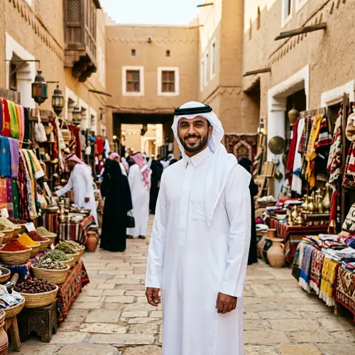 Saudi Arabian Man in Traditional Attire at Bustling Market