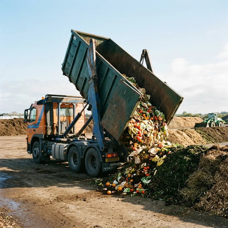 Skip Dump Truck unloading food waste into compost windrow