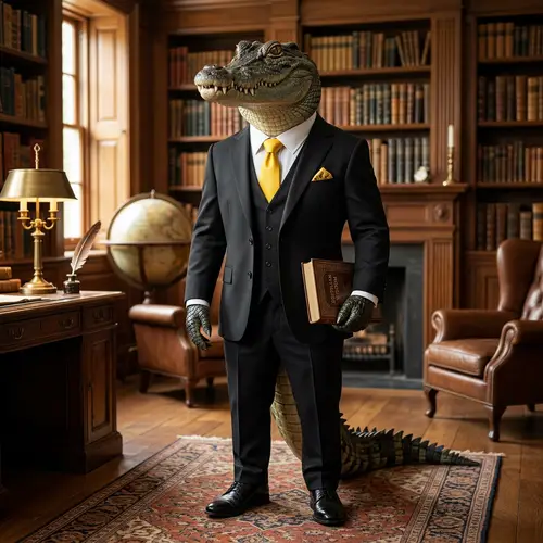 Elegant Crocodile in Black Suit with Yellow Tie