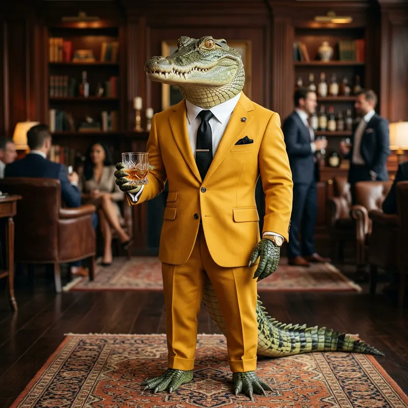 Elegant Yellow Crocodile in Stylish Black Suit
