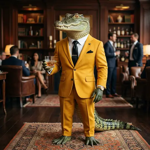 Elegant Crocodile in Yellow Suit with Black Tie