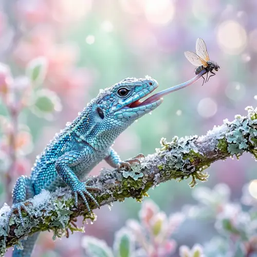 Whimsical Ice Lizard Catching Fly | Vibrant Blue Scales